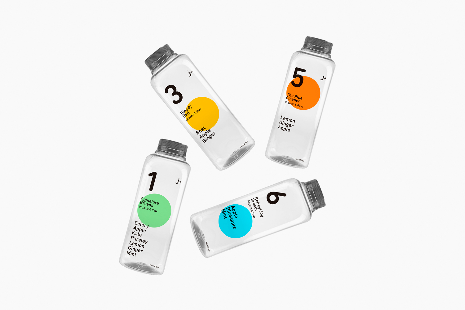 芹菜，蘋果，菠蘿，芹菜，甜菜，檸檬，紫甘藍，生姜，胡蘿卜，薄荷等有機鮮榨果汁飲料瓶型包裝設計。