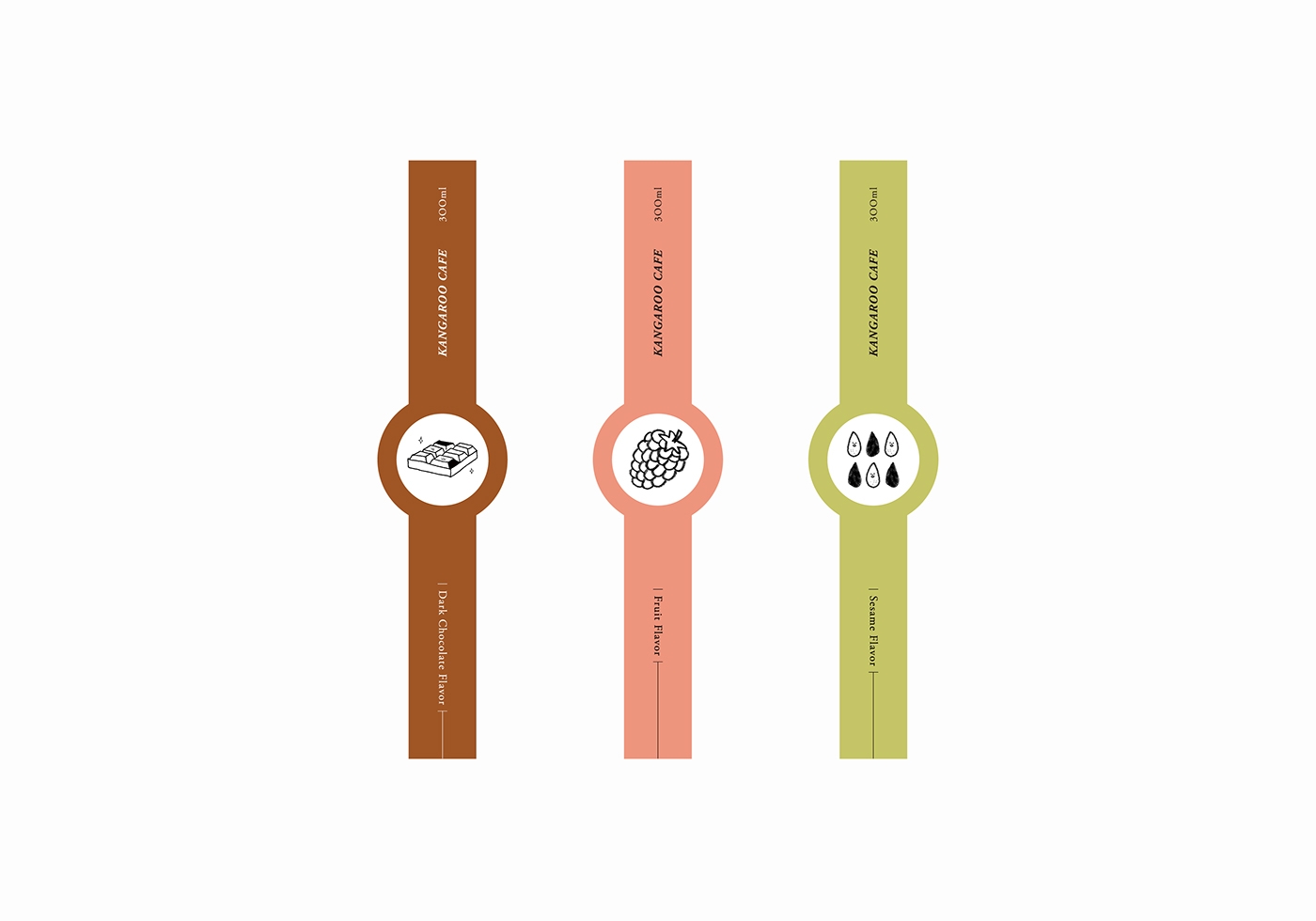 黑巧克力、水果風味、芝麻歐蕾三種不同的咖啡包裝設計